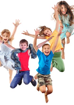 group of happy cheerful sportive children jumping and dancing group of barefeet children shouting screaming jumping dancing. Isolated over white background. Childhood, freedom, happiness, active lifestyle concept. Young jumpers kids girls an boy